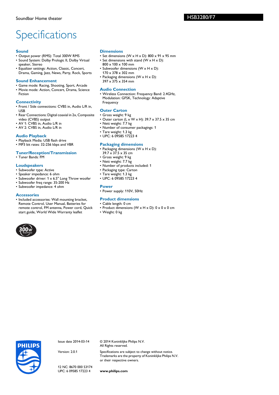 Specifications | Philips HSB3280-F7 User Manual | Page 2 / 2