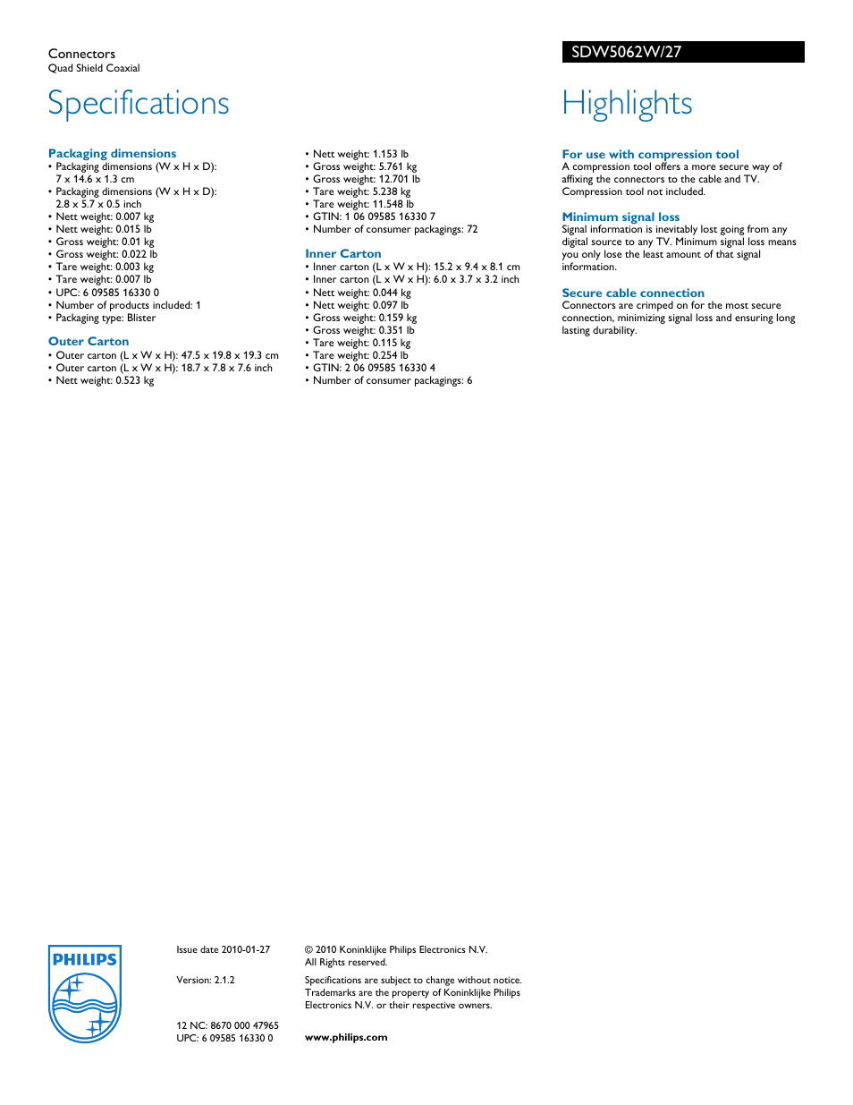 Specifications, Highlights | Philips Connectors SDW5062W Quad Shield Coaxial User Manual | Page 2 / 2