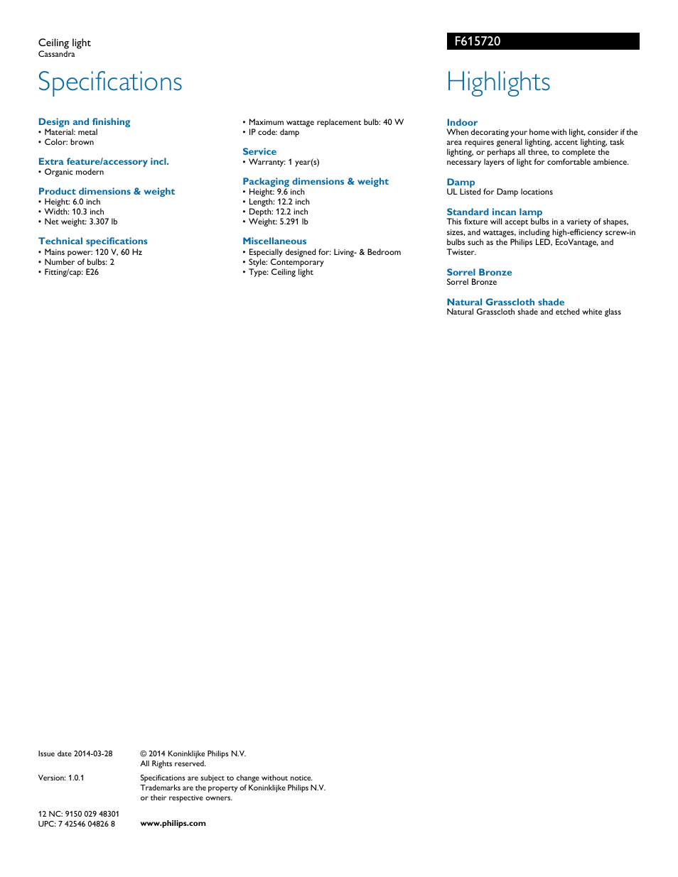 Specifications, Highlights | Philips F615720 User Manual | Page 2 / 2