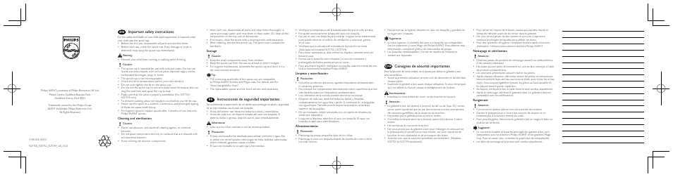 Important safety instructions, Instrucciones de seguridad importantes, Consignes de sécurité importantes | Philips SCF750-22 User Manual | Page 2 / 2