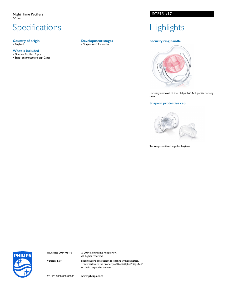 Specifications, Highlights | Philips SCF131-17 User Manual | Page 2 / 2