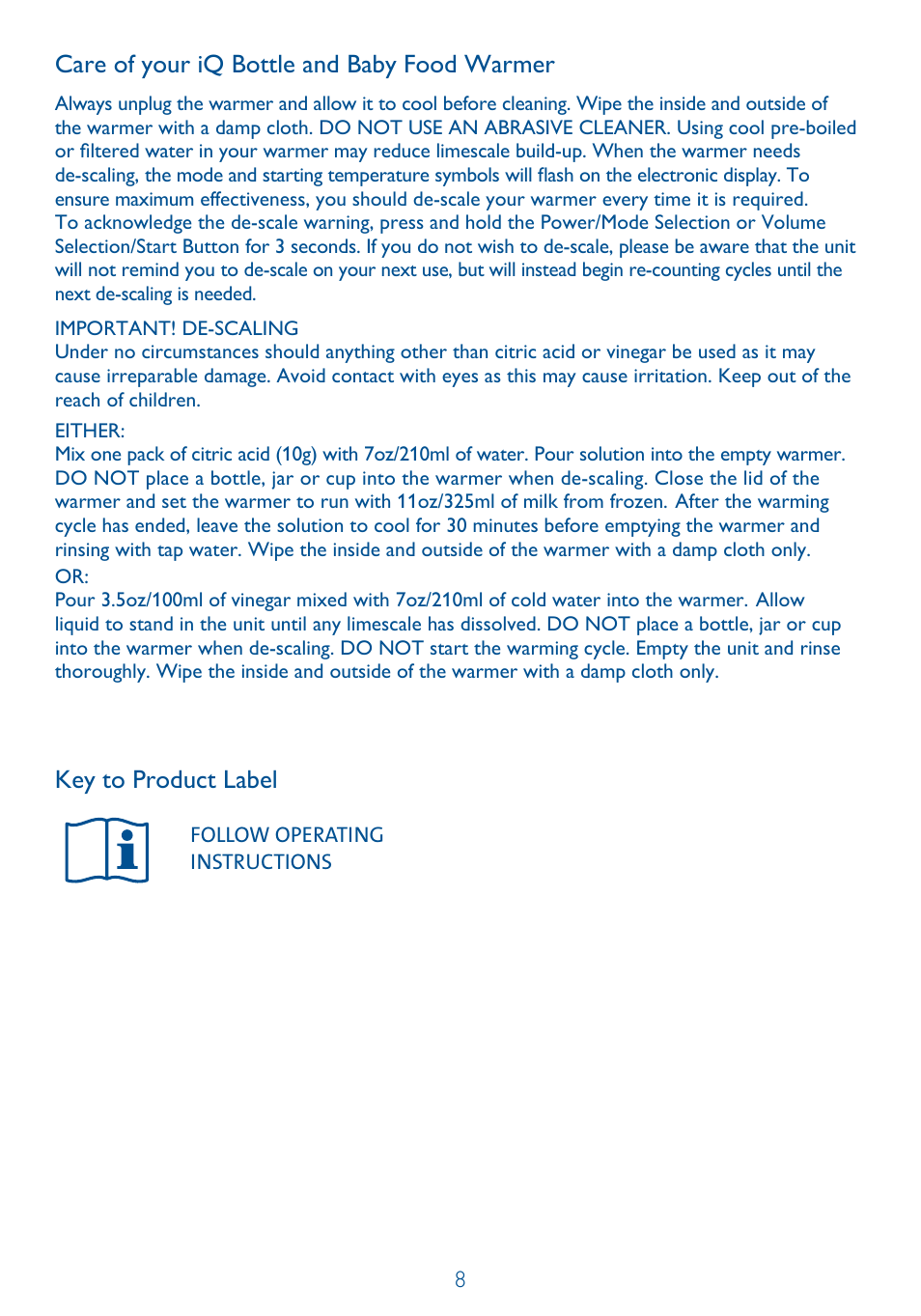 Care of your iq bottle and baby food warmer, Key to product label | Philips SCF260-11 User Manual | Page 8 / 28