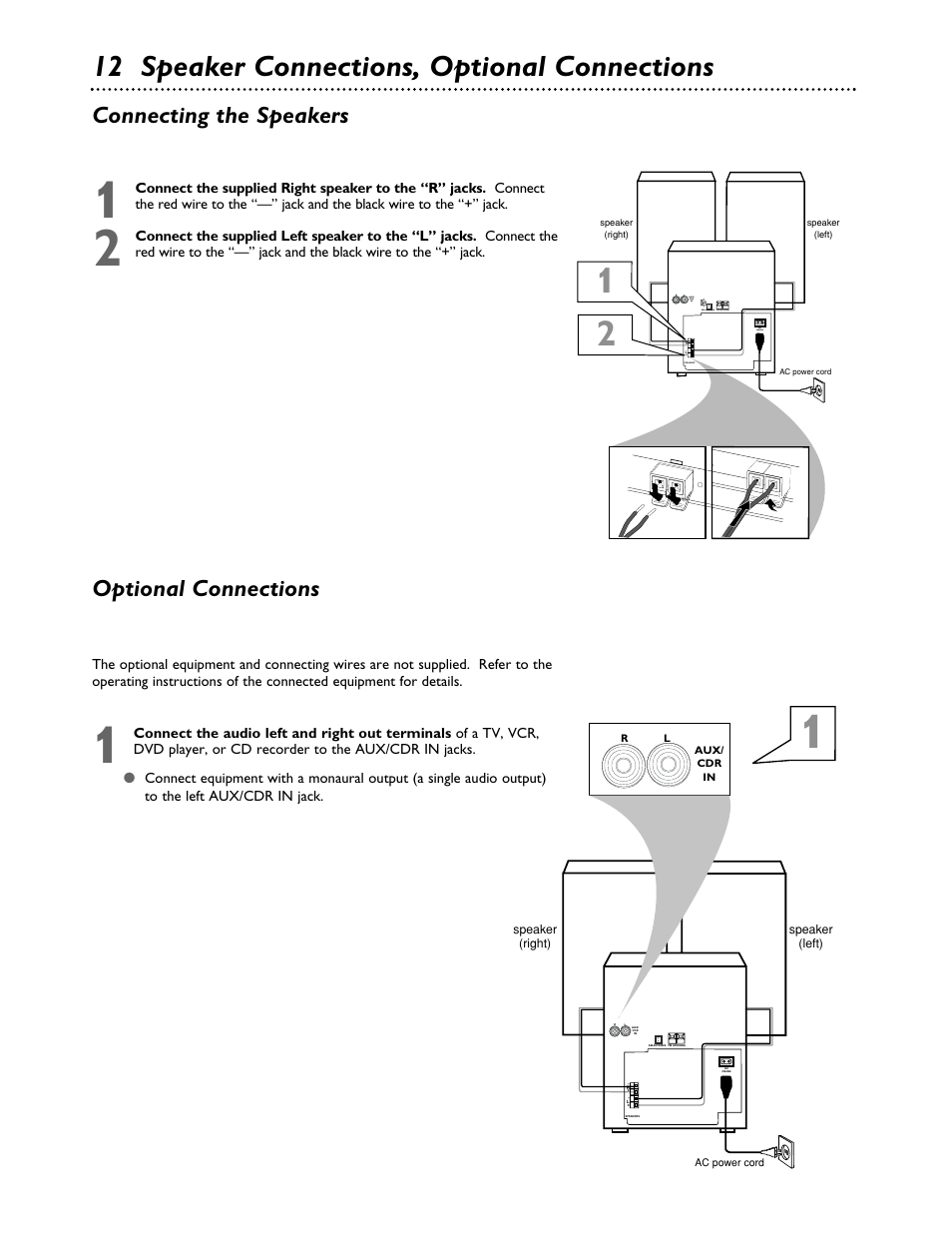 12 speaker connections, optional connections, Connecting the speakers, Optional connections | Philips FWC555 User Manual | Page 12 / 30