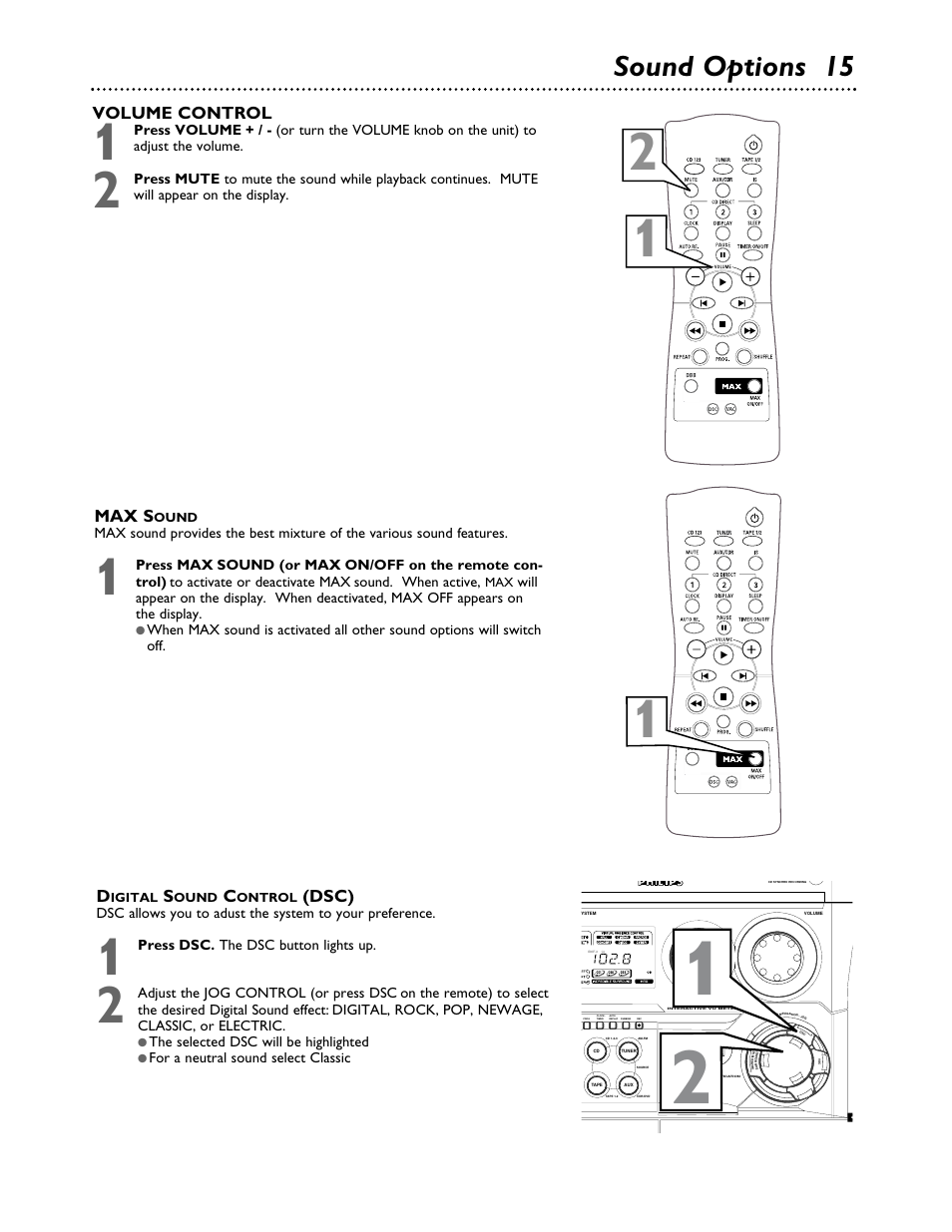 Sound options 15, Volume control, Max s | Dsc) | Philips FWC555 User Manual | Page 15 / 30