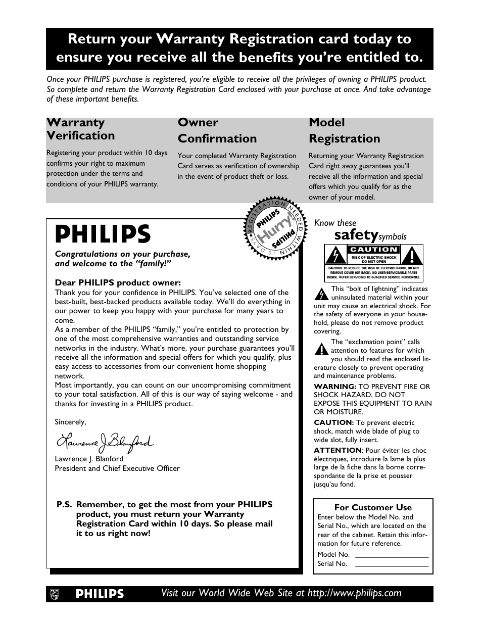 Safety, Hurry, Warranty verification | Owner confirmation, Model registration, Know these, Symbols | Philips FWC555 User Manual | Page 2 / 30