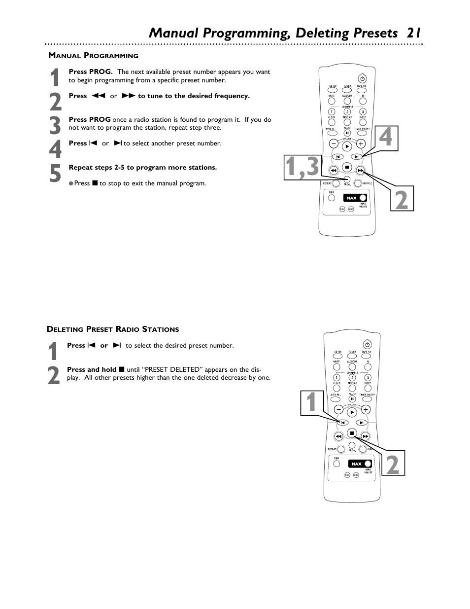 Manual programming, deleting presets 21 | Philips FWC555 User Manual | Page 21 / 30