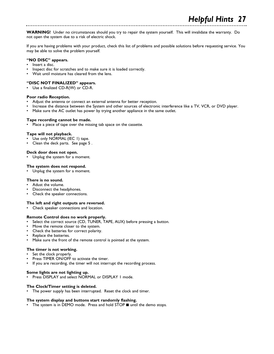 Helpful hints 27 | Philips FWC555 User Manual | Page 27 / 30