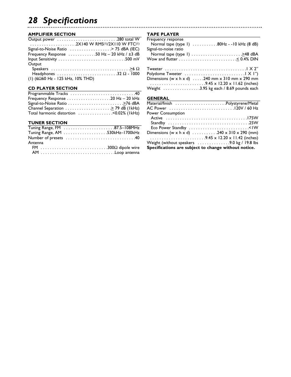 28 specifications | Philips FWC555 User Manual | Page 28 / 30