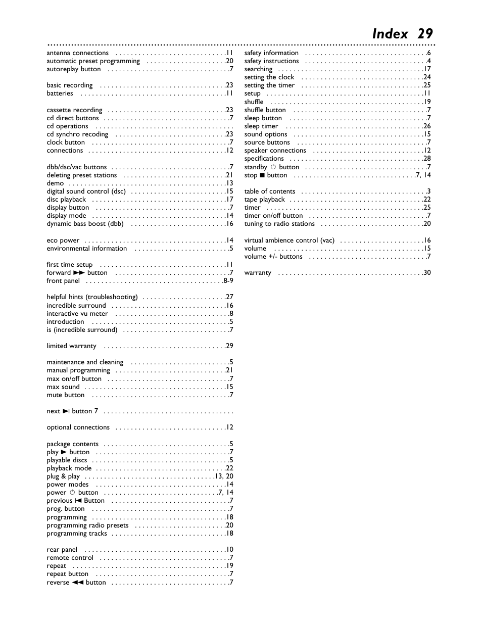 Index 29 | Philips FWC555 User Manual | Page 29 / 30