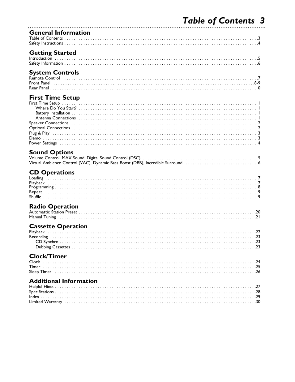 Table of contents 3 | Philips FWC555 User Manual | Page 3 / 30