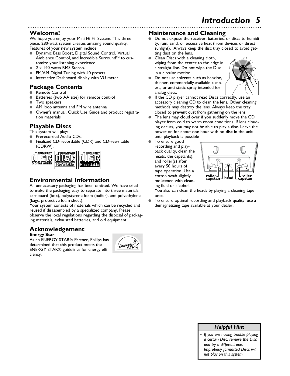 Introduction 5, Welcome, Package contents | Playable discs, Environmental information, Acknowledgement, Maintenance and cleaning | Philips FWC555 User Manual | Page 5 / 30