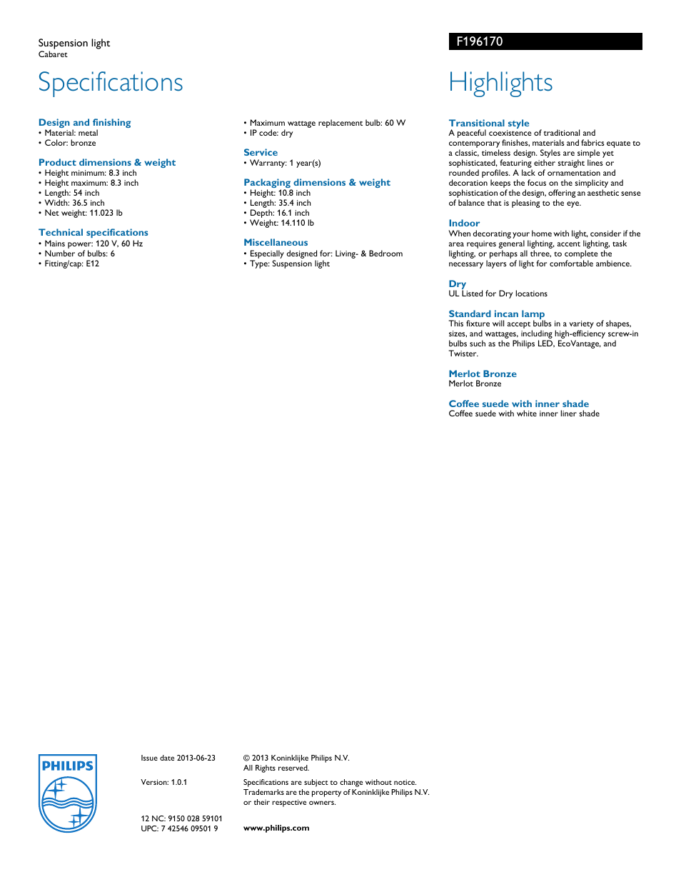 Specifications, Highlights | Philips F196170 User Manual | Page 2 / 2