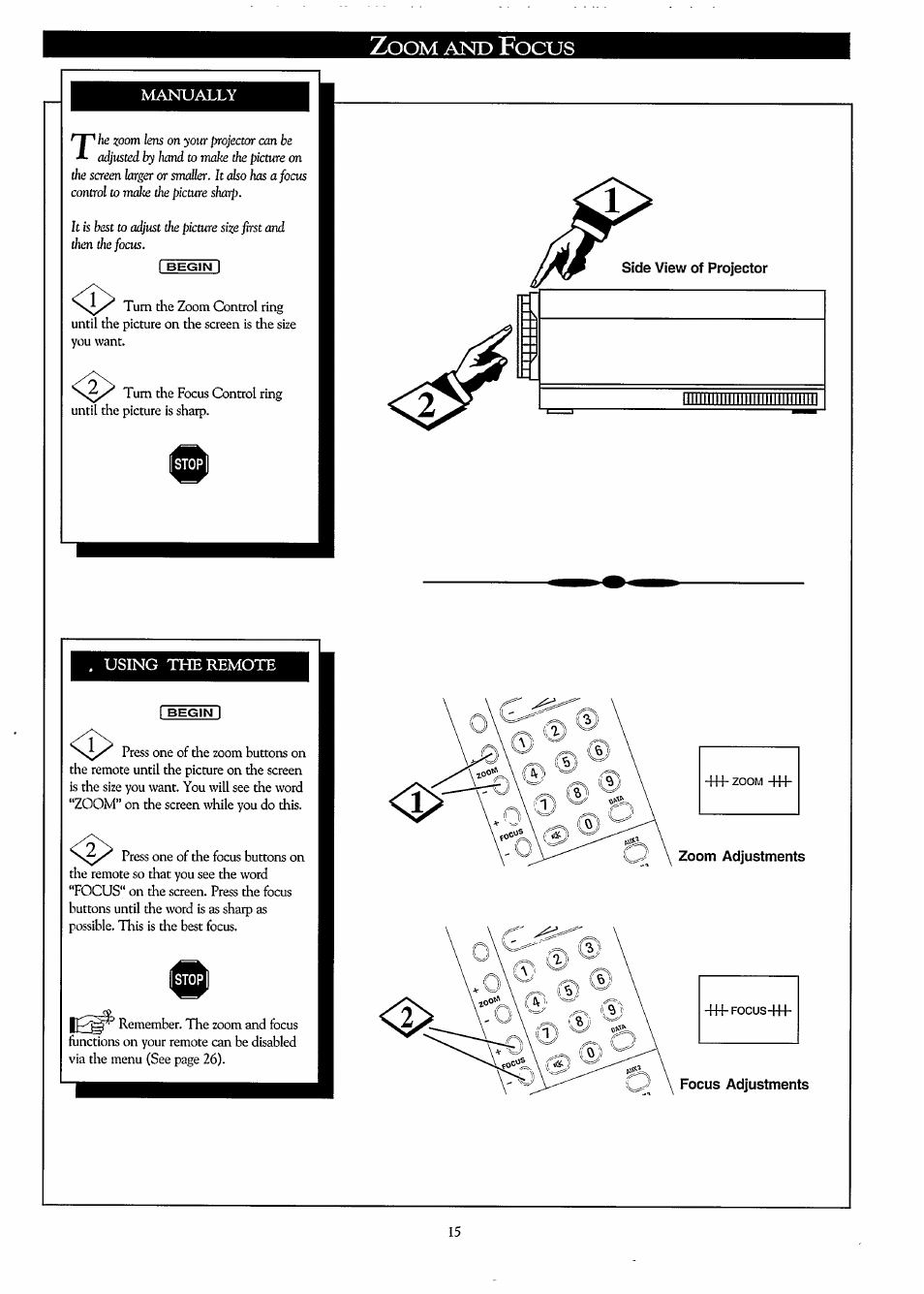 Zoom and focus, Manually, Using the remote | Zoom adjustments, Focus adjustments, Ocus | Philips LC3500G199 User Manual | Page 15 / 44