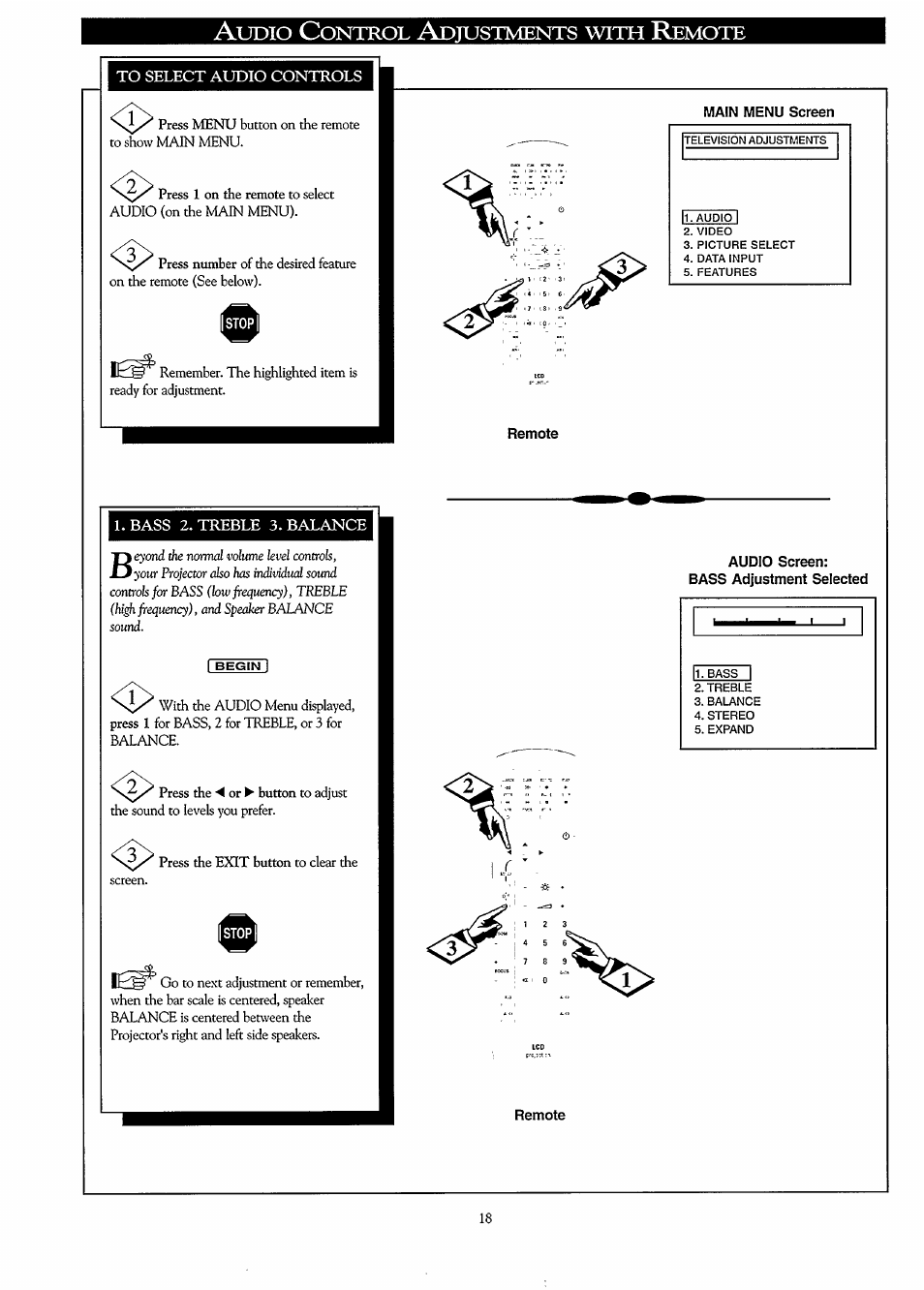 To select audio controls, Main menu screen, Remote | L.bass 2. treble 3. balance, Audio screen, Bass adjustment selected, Udio, Ontool, Djustments, With | Philips LC3500G199 User Manual | Page 18 / 44