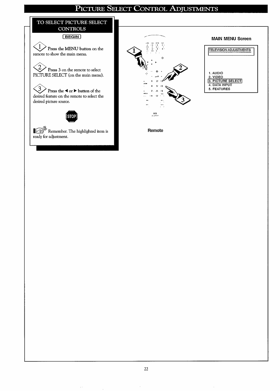 To select picture select controls, Main menu screen, Icture | Elect, Ontrol, Djustments | Philips LC3500G199 User Manual | Page 22 / 44
