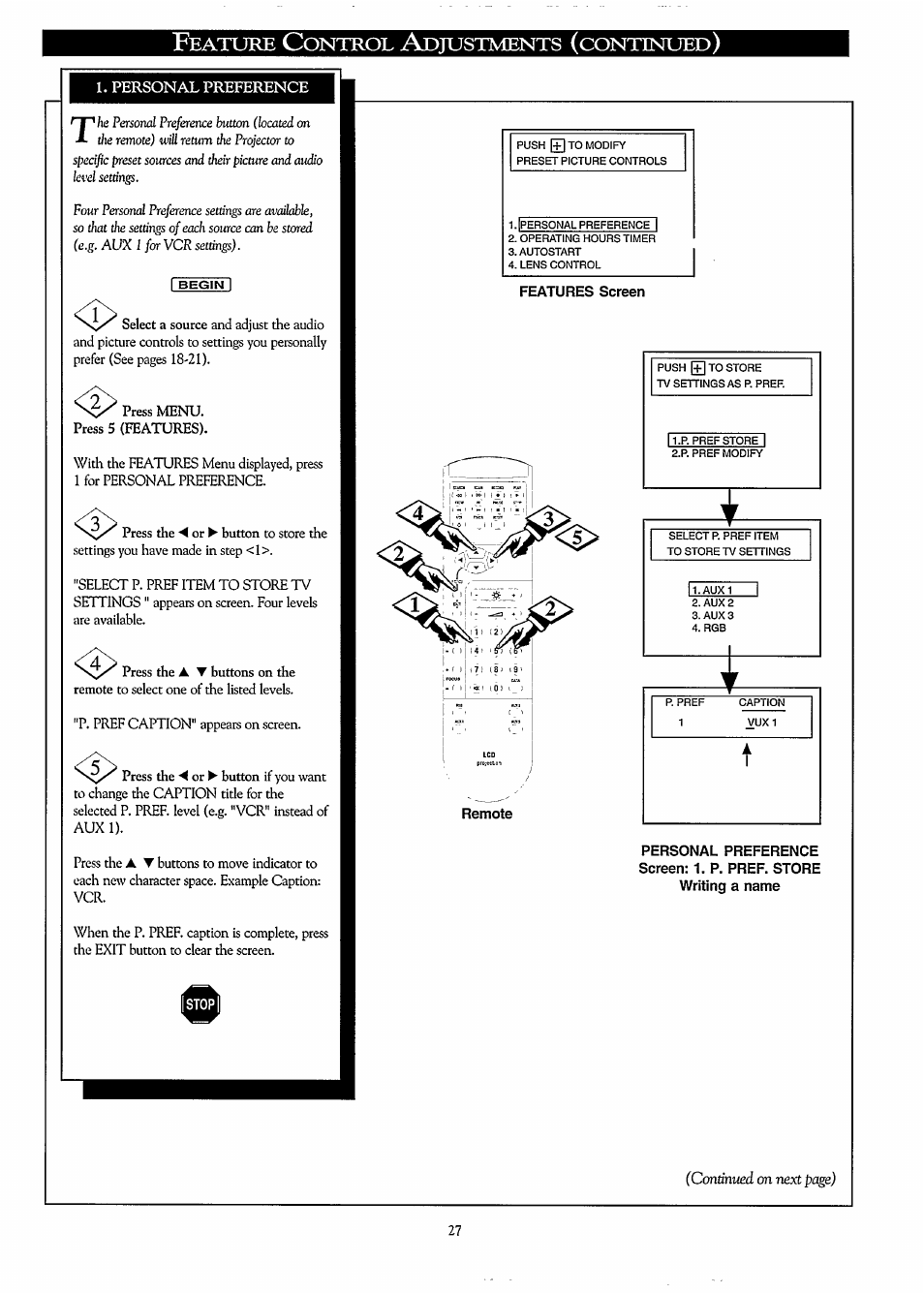 Personal preference, Features screen, Eature | Ontrol, Djustments, Continued | Philips LC3500G199 User Manual | Page 27 / 44