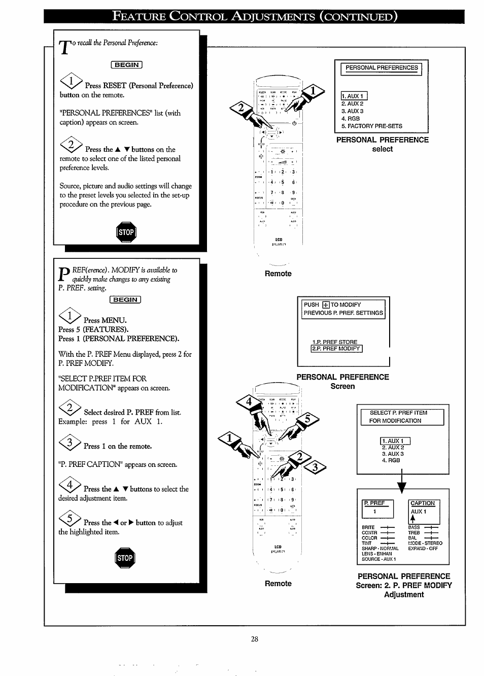 Personal preference select, Remote, Personal preference screen | Eature, Ontrol, Djustments, Continued | Philips LC3500G199 User Manual | Page 28 / 44