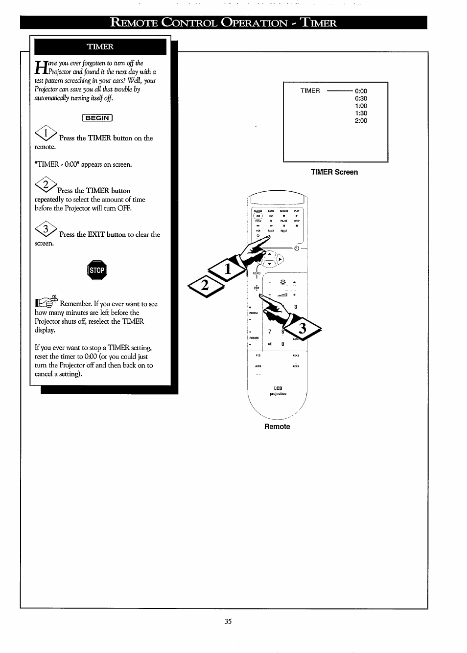 Timer, Timer screen, Remote | Emote, Ontrol, Peration, Imer | Philips LC3500G199 User Manual | Page 35 / 44