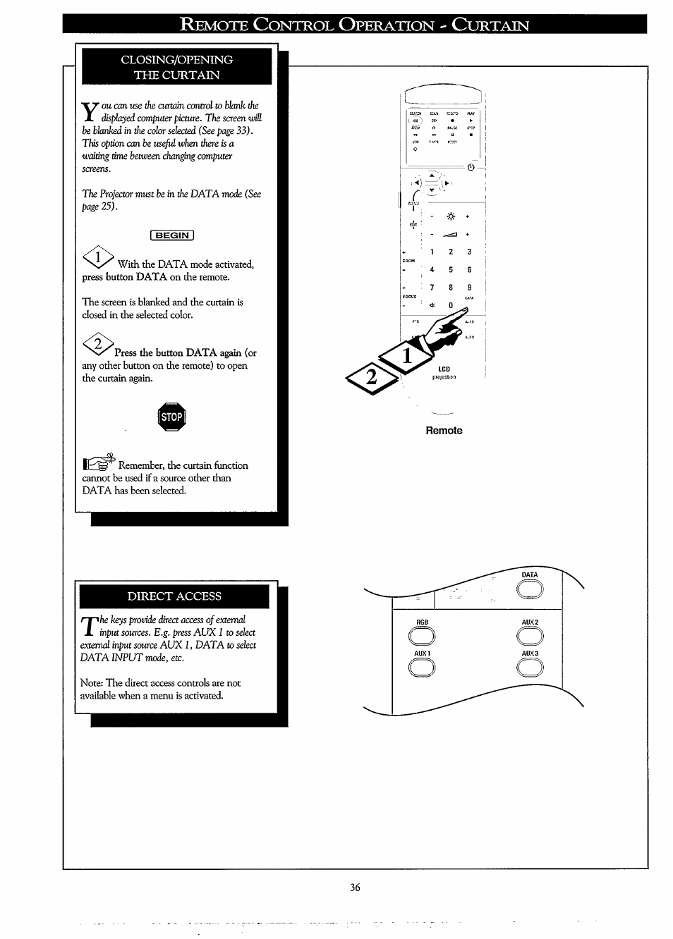 Closing/opening the curtain, Direct access, Closing/opening curtain | Philips LC3500G199 User Manual | Page 36 / 44