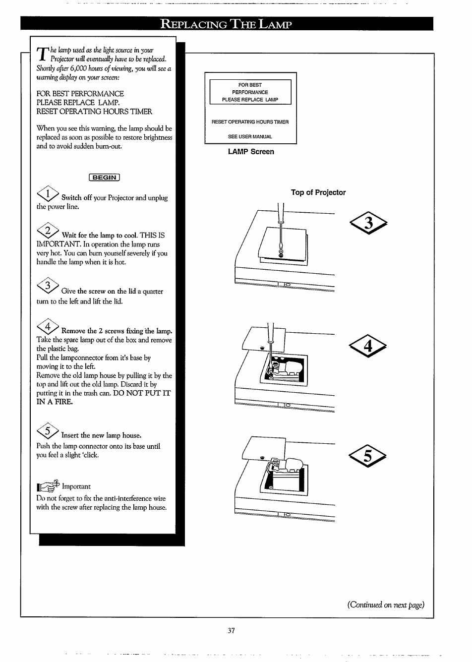 Lamp screen, Top of projector, Eplacing | Philips LC3500G199 User Manual | Page 37 / 44