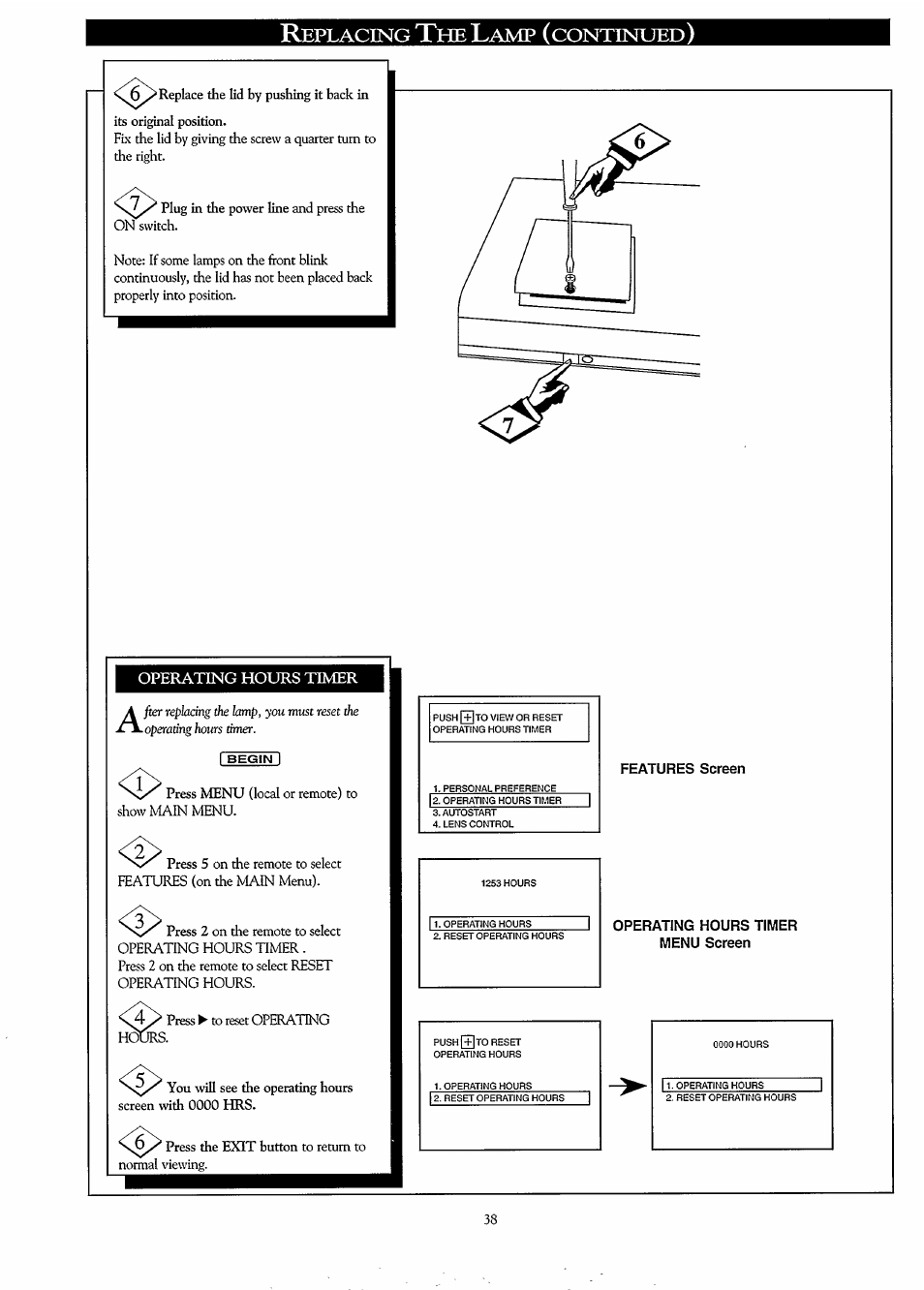 Operating hours timer, Features screen, Operating hours timer menu screen | Eplacing, Continued | Philips LC3500G199 User Manual | Page 38 / 44