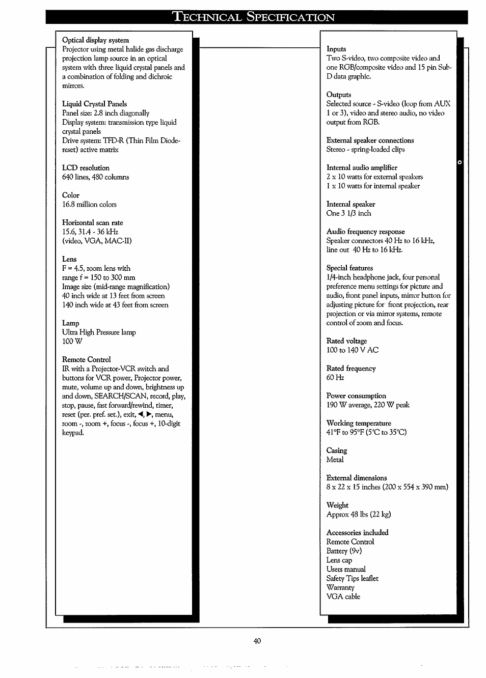 Technical specification, Technical specifications, Echnical | Pecification | Philips LC3500G199 User Manual | Page 40 / 44