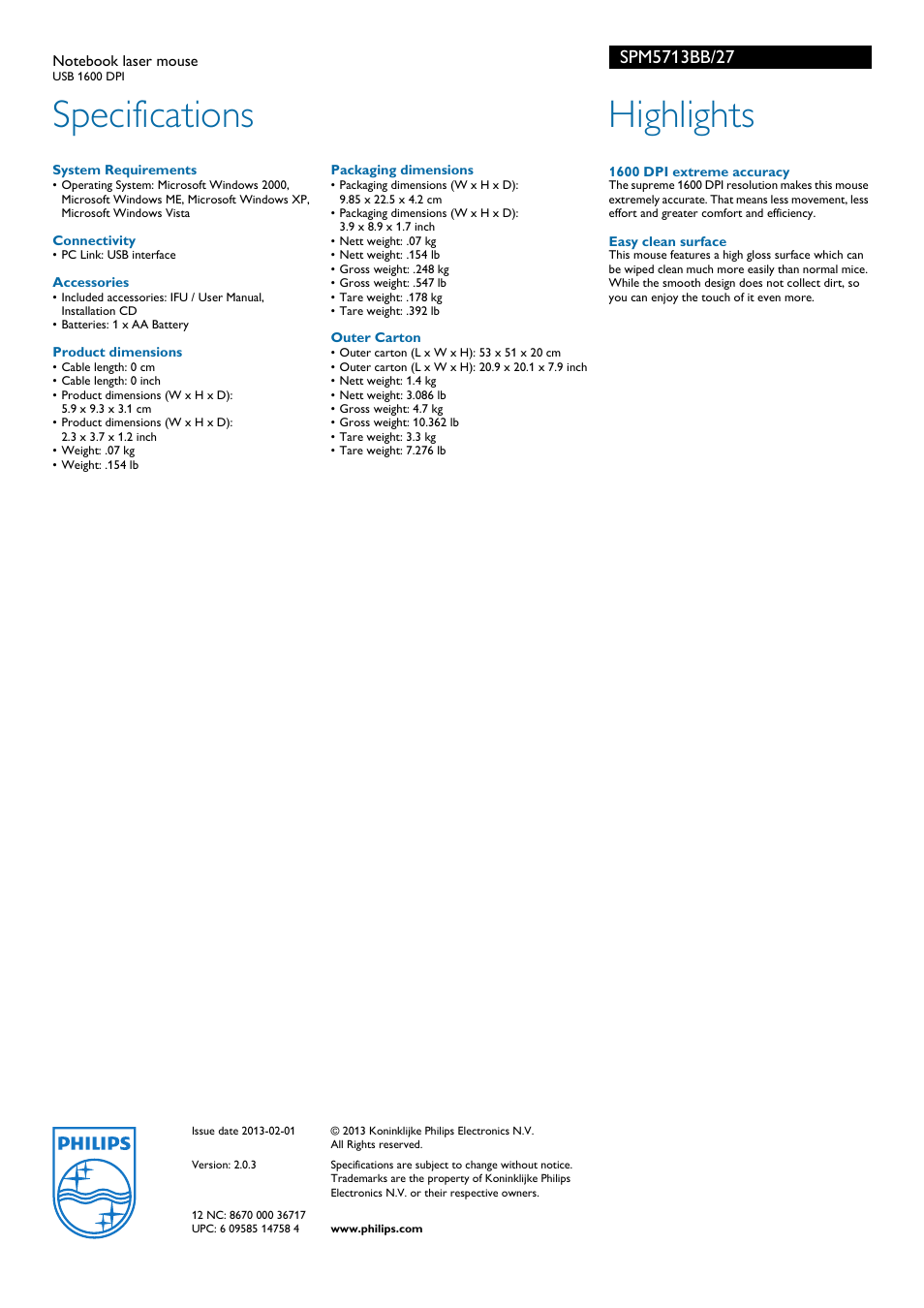 Specifications, Highlights | Philips SPM5713BB-27 User Manual | Page 2 / 2