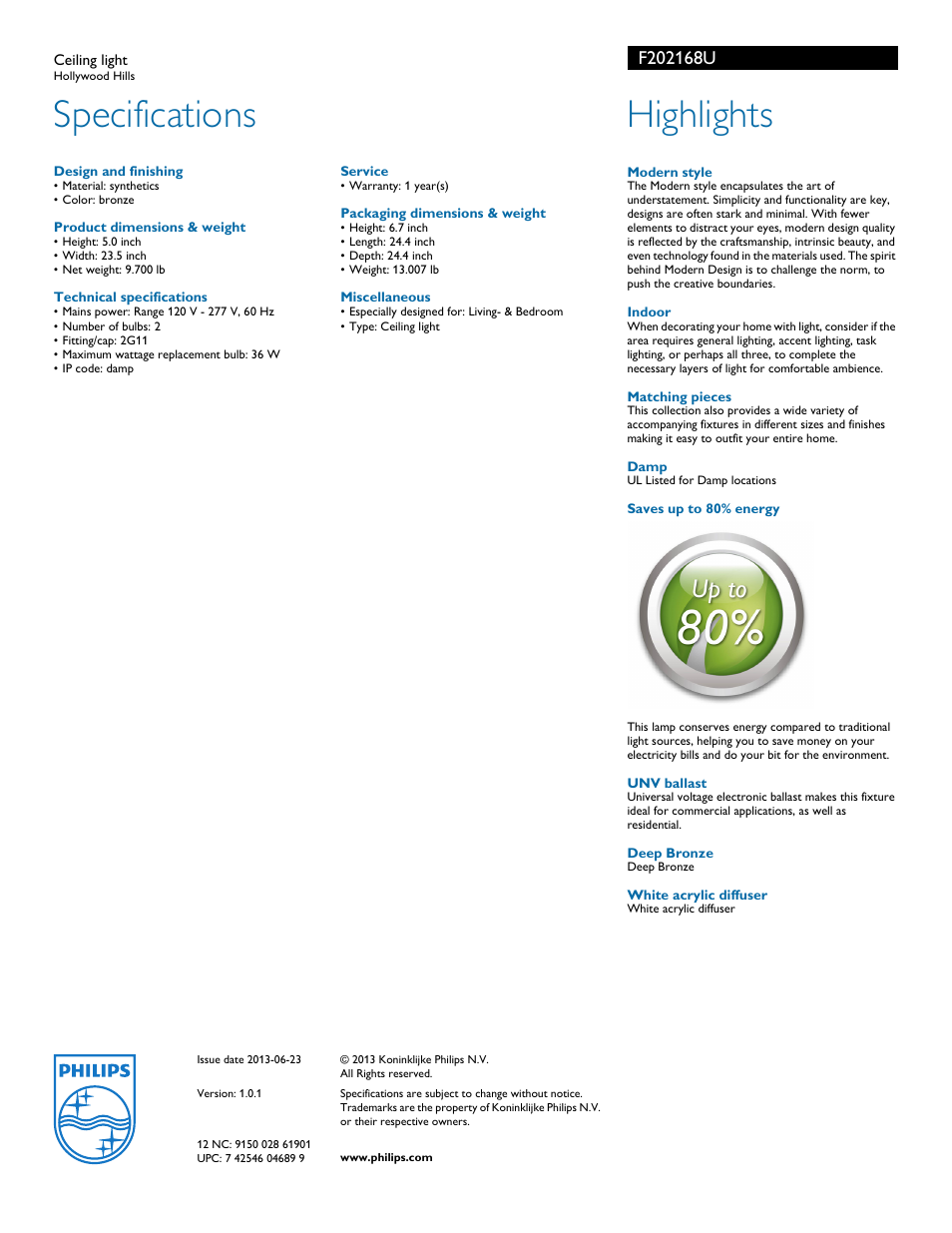 Specifications, Highlights | Philips F202168U User Manual | Page 2 / 2