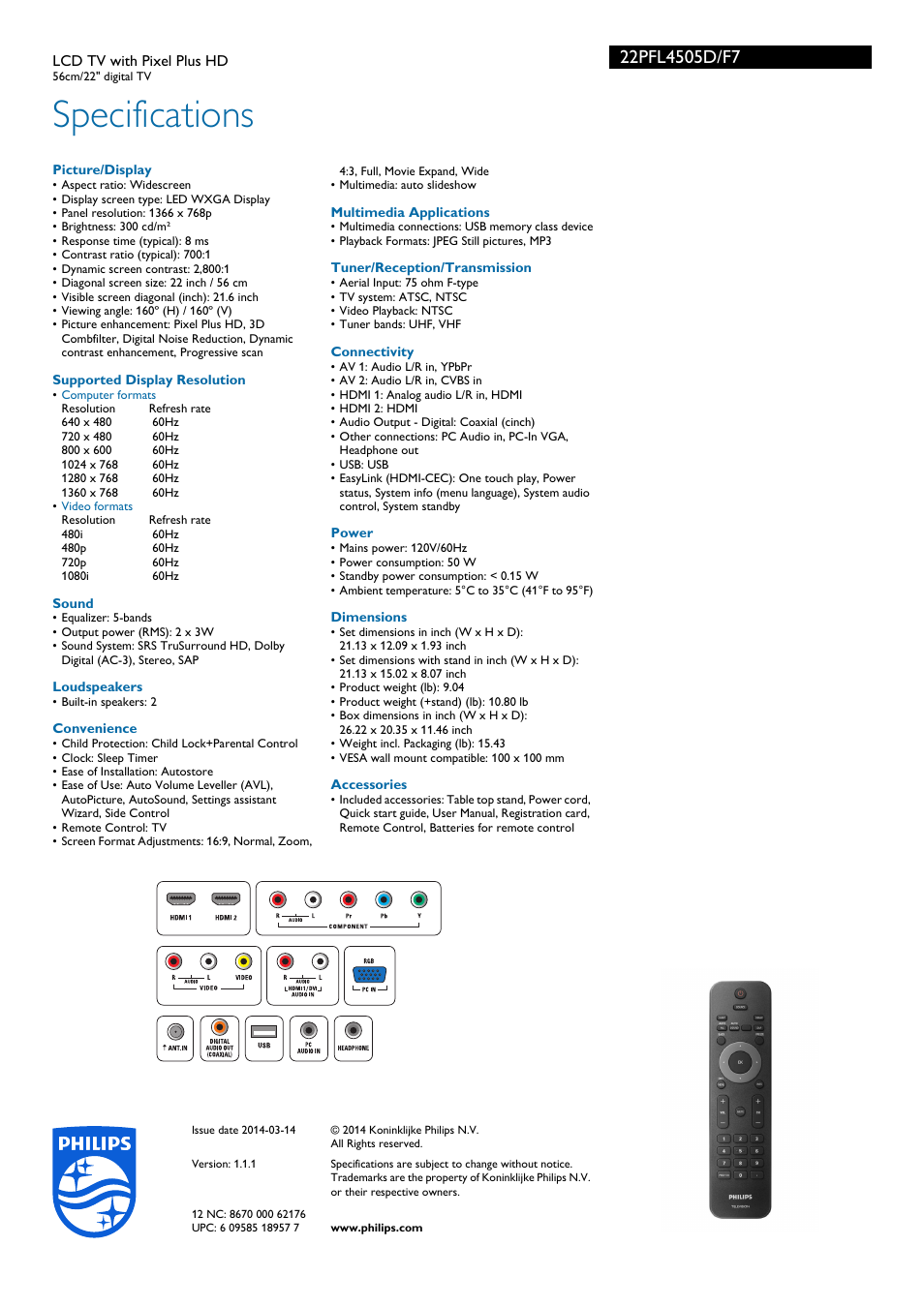 Specifications | Philips 22PFL4505D-F7 User Manual | Page 3 / 3
