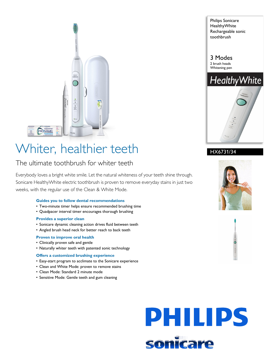 Philips Sonicare HealthyWhite Rechargeable sonic toothbrush HX6731-34 3 Modes 2 brush heads Whitening pen User Manual | 3 pages