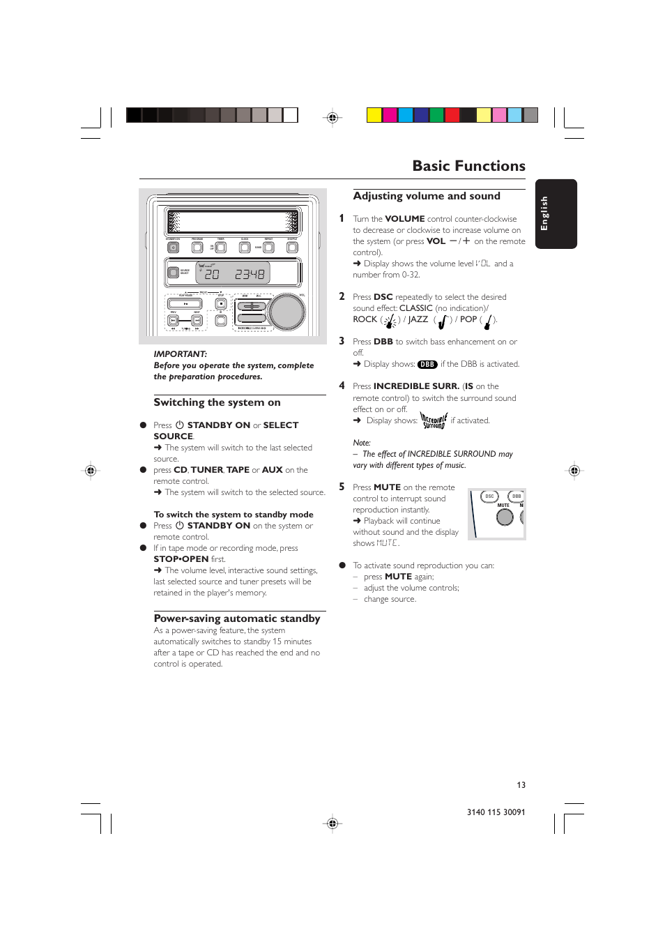 Basic functions, Switching the system on, Power-saving automatic standby | Adjusting volume and sound 1 | Philips MC120 User Manual | Page 13 / 22