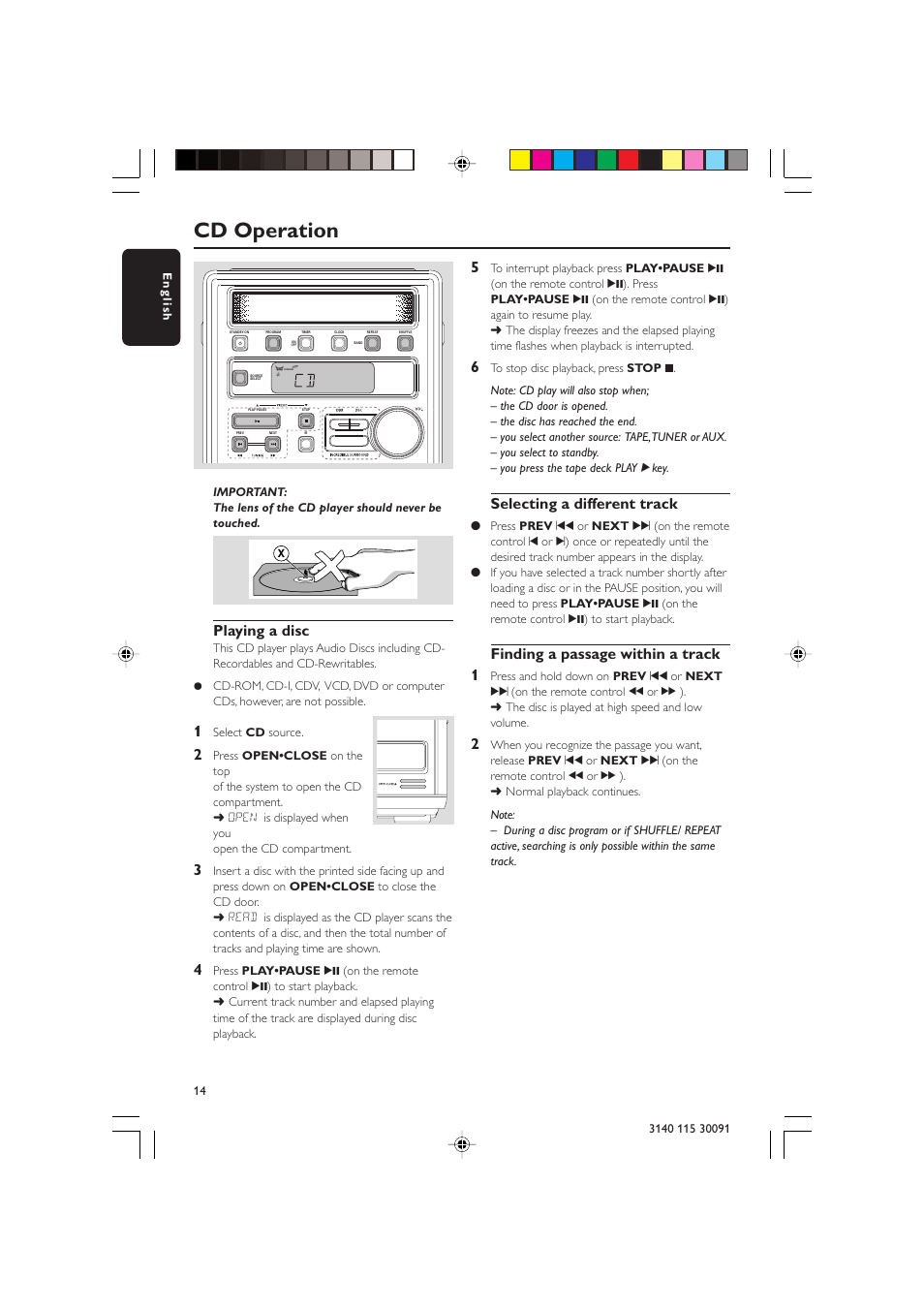 Cd operation, Playing a disc, Selecting a different track | Finding a passage within a track 1 | Philips MC120 User Manual | Page 14 / 22