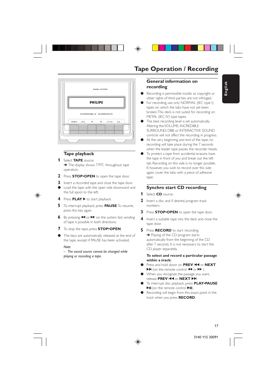 Tape operation / recording | Philips MC120 User Manual | Page 17 / 22