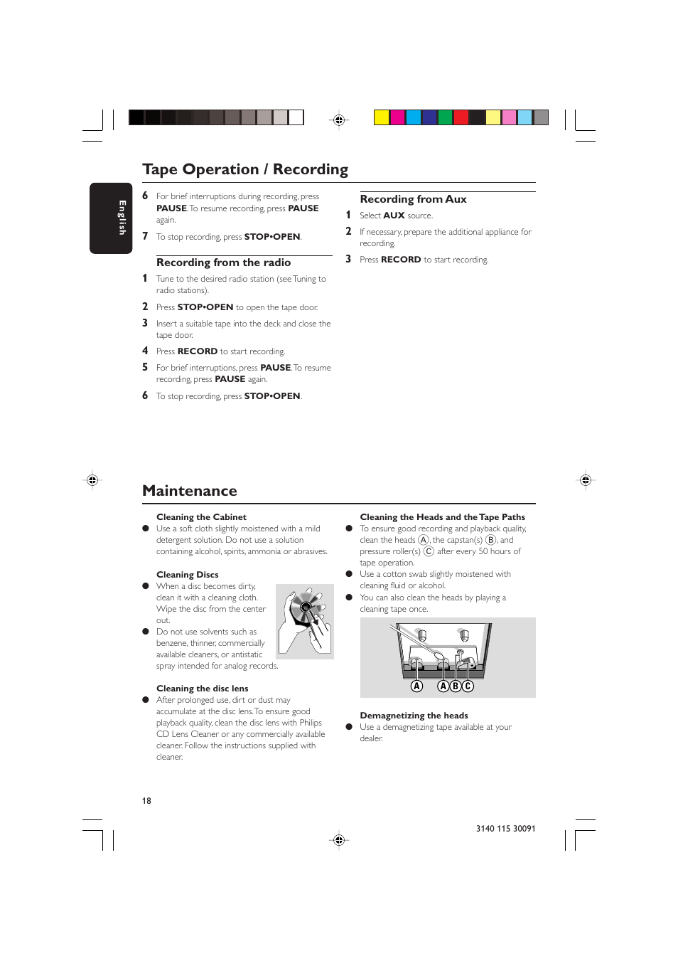 Tape operation / recording, Maintenance | Philips MC120 User Manual | Page 18 / 22