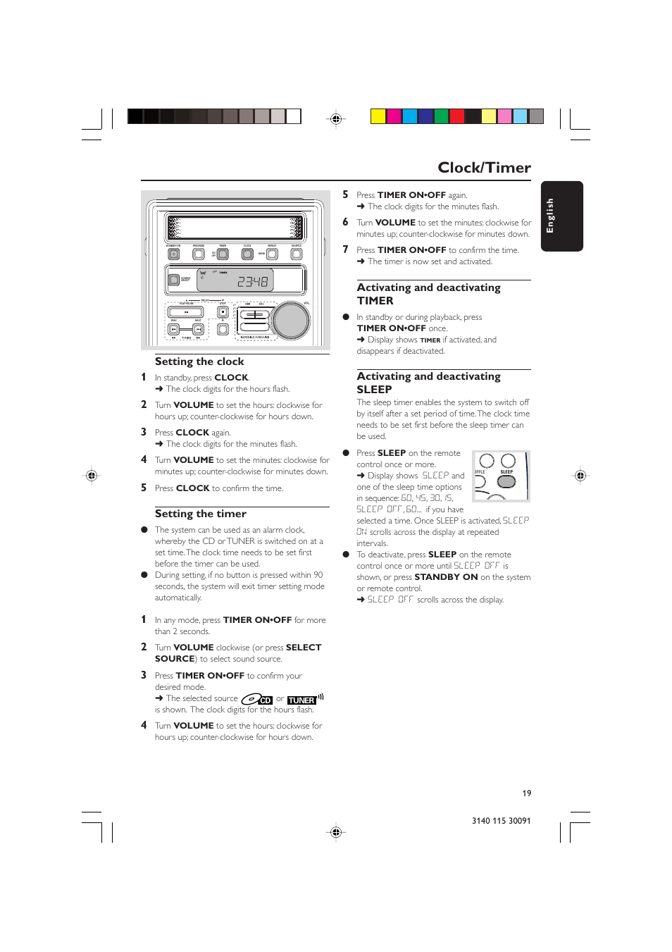 Clock/timer, Setting the clock 1, Setting the timer | Activating and deactivating timer, Activating and deactivating sleep | Philips MC120 User Manual | Page 19 / 22