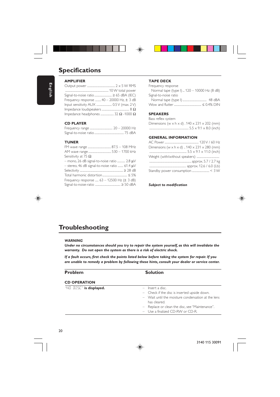 Troubleshooting, Specifications, Problem solution | Philips MC120 User Manual | Page 20 / 22