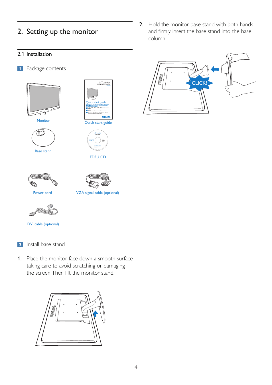 Setting up the monitor, 1 installation package contents, Click | Philips 222E2SB-00 User Manual | Page 6 / 50