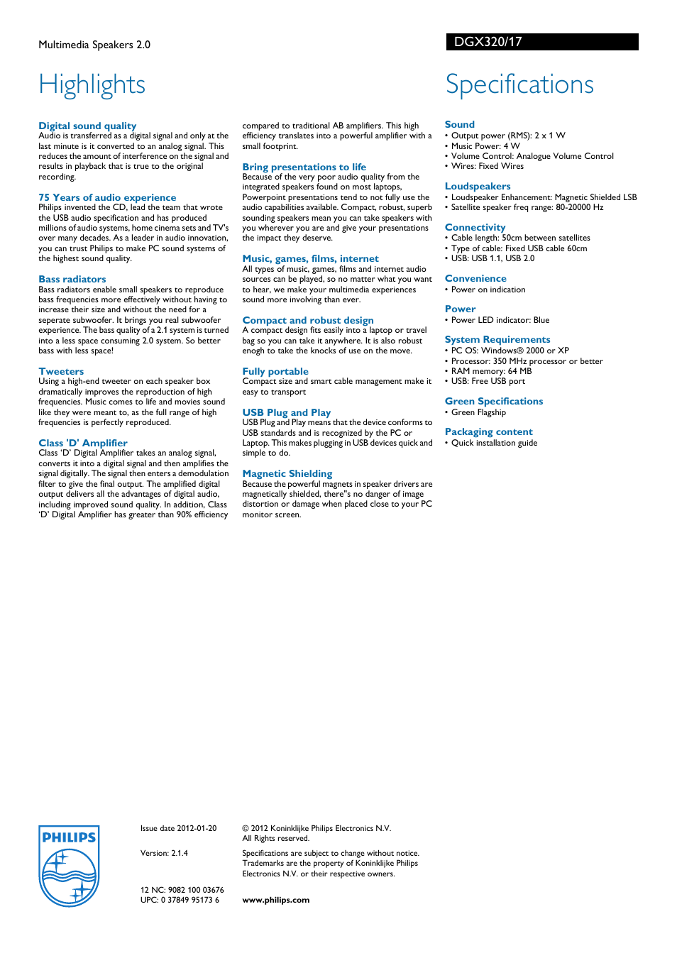 Highlights, Specifications | Philips DGX320-17 User Manual | Page 2 / 2