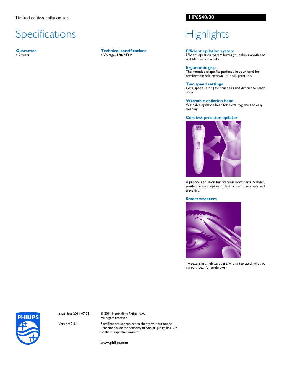 Specifications, Highlights | Philips HP6540-00 User Manual | Page 2 / 2