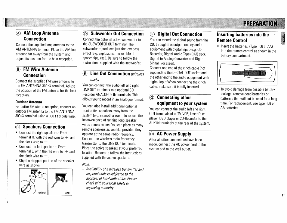 A) am loop antenna connection, B) fm wire antenna connection, Speakers connection | Subwoofer out connection, 0 digital out connection, 0 connecting other, Equipment to your system, Ac power supply, Inserting batteries into the remote control | Philips FW555C37 User Manual | Page 11 / 80