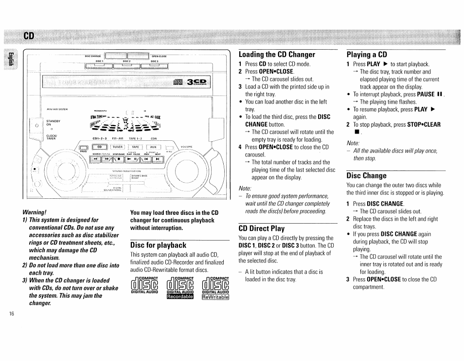 Disc for playback, Loading the cd changer, Cd direct play | Playing a cd, Disc change, Qg(g (ojdg® (ojoglb | Philips FW555C37 User Manual | Page 16 / 80