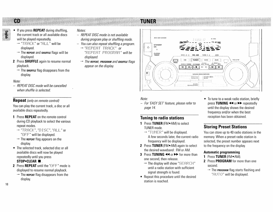 Tuner, Tuning to radio stations, Storing preset stations | Cd tuner, Repeat | Philips FW555C37 User Manual | Page 18 / 80