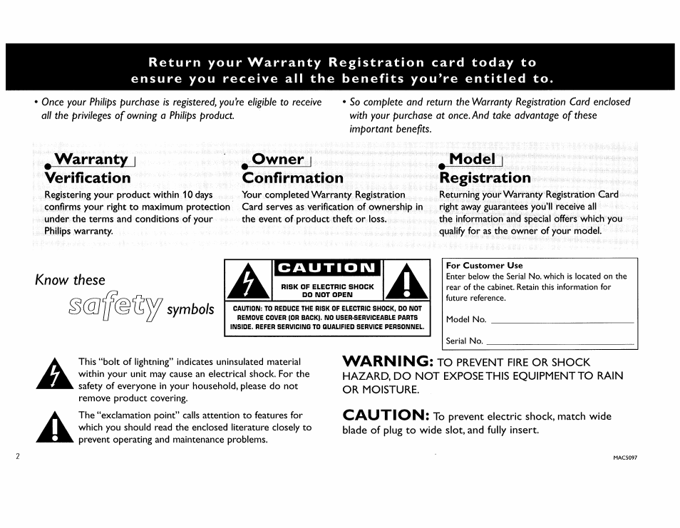 Warranty i verification, Owner i confirmation, Model i registration | Warning, Caution, Know these symbols | Philips FW555C37 User Manual | Page 2 / 80