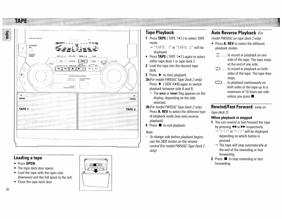 Tape, Tape playback, Tape loading a tape | Auto reverse playback, Rewind/fast forward | Philips FW555C37 User Manual | Page 20 / 80