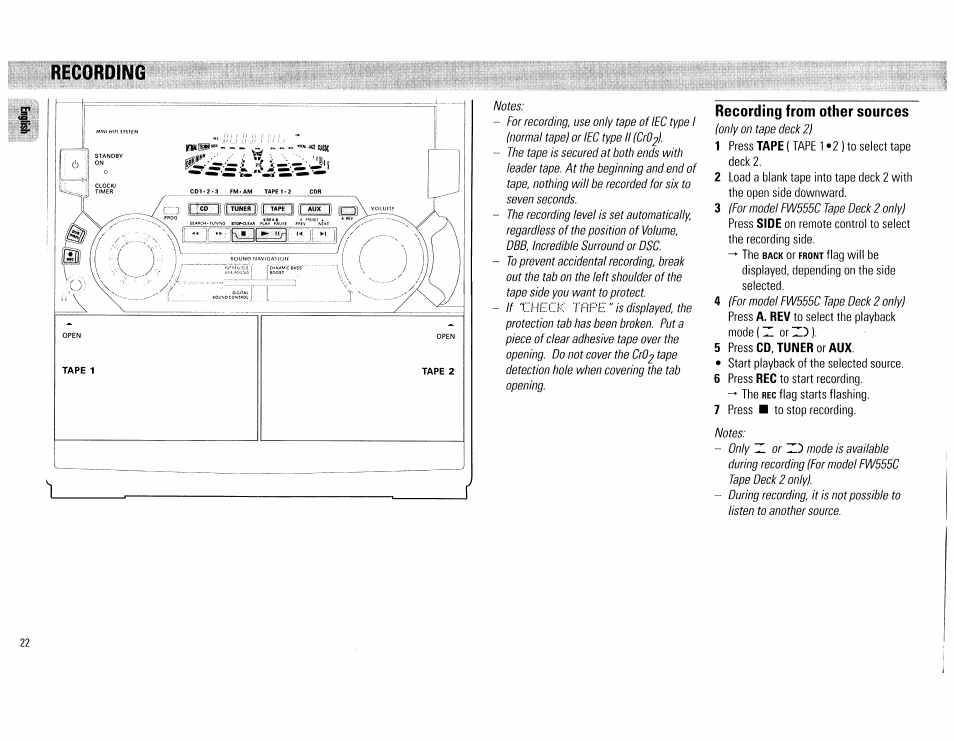 Recording, Recording from other sources | Philips FW555C37 User Manual | Page 22 / 80