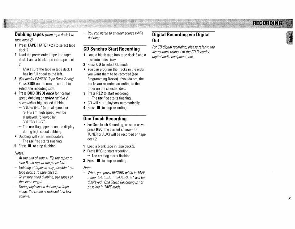 Cd synchro start recording, One touch recording, Digital recording via digital out | Dubbing tapes | Philips FW555C37 User Manual | Page 23 / 80