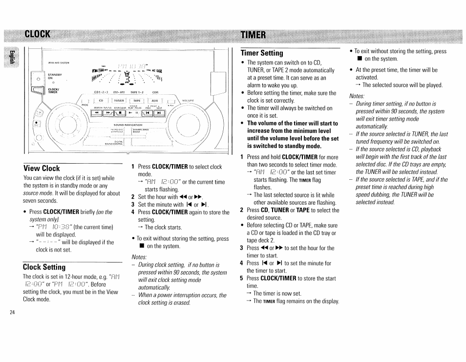 View clock, Clock setting, Timer setting | Clock timer | Philips FW555C37 User Manual | Page 24 / 80