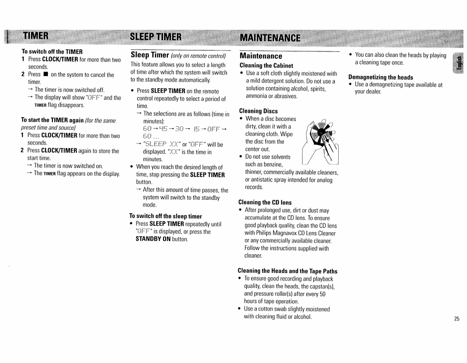 Timer, Sleep timer, Maintenance | Timer sleep timer maintenance, Sloop timor | Philips FW555C37 User Manual | Page 25 / 80