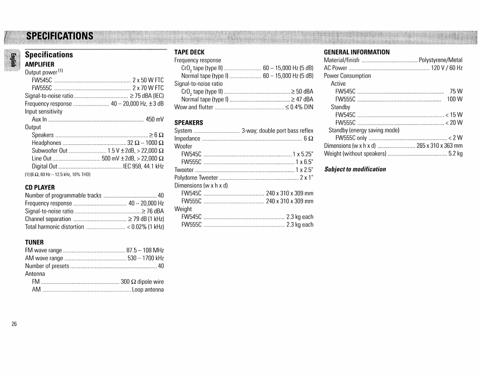Specifications | Philips FW555C37 User Manual | Page 26 / 80