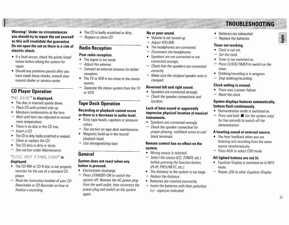 Cd player operation, Radio reception, Tape deck operation | General, Troubleshooting | Philips FW555C37 User Manual | Page 27 / 80
